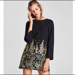 NWT Zara Black Slip-on Mini Dress with Gold Embroidery